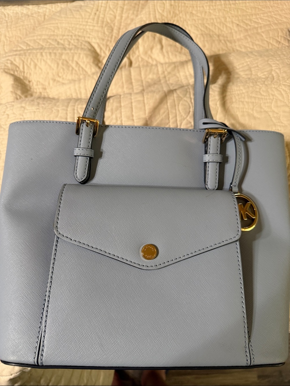 Michael Kors Pale Blue Saffiano Leather Tote with Front Pocket